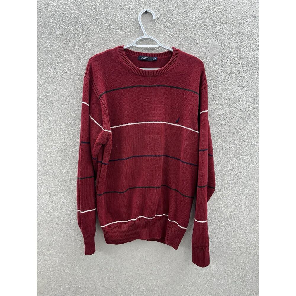 Nautica Mens Sweater Size XL Red Striped Long Sleeve Knit Cotton Vintage